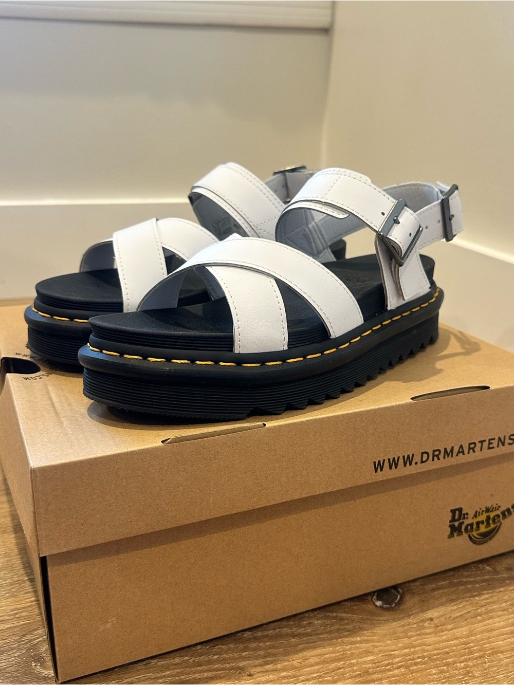 Dr. Martens White Platform Strap Sandals with Yellow Stitching